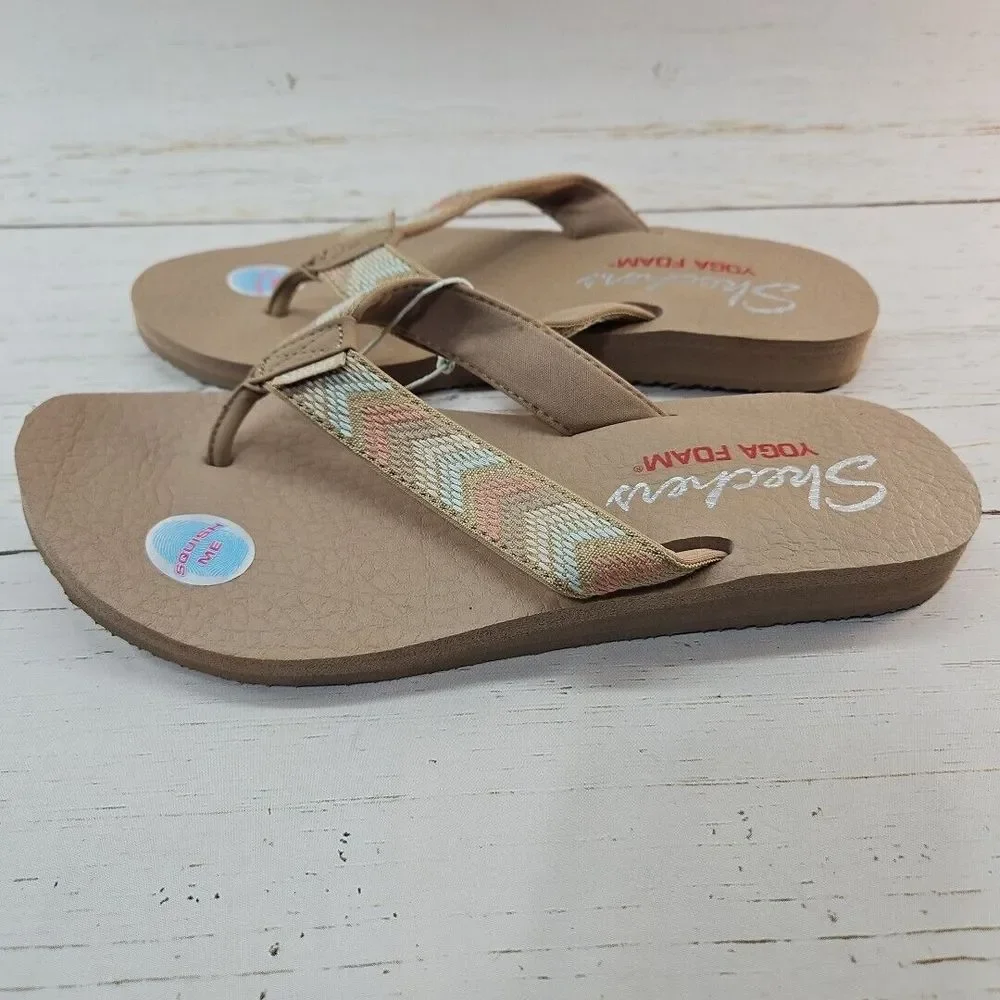 Skechers Meditation Sunny Days Size 10 Woven Flip Flop‎ Sandals Tan Yoga Foam